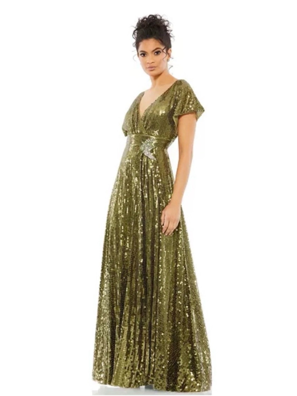 Mac Duggal Olive Sequin V-Neck Maxi Gown Size 2 New